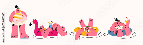 Cartoon characters in the pool on inflatable rings in the pool. Pool party, girls relax on a rubber circle mattress with cocktails. Trendy doodle groovy mascots in retro style