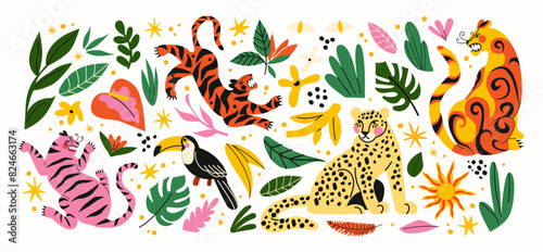 Stickers exotic tropical leaves, tigers, leopards and wild animals, birds, jungle plants, palm trees, monstera leaves and flowers. Set of vector jungle stickers in cartoon retro style