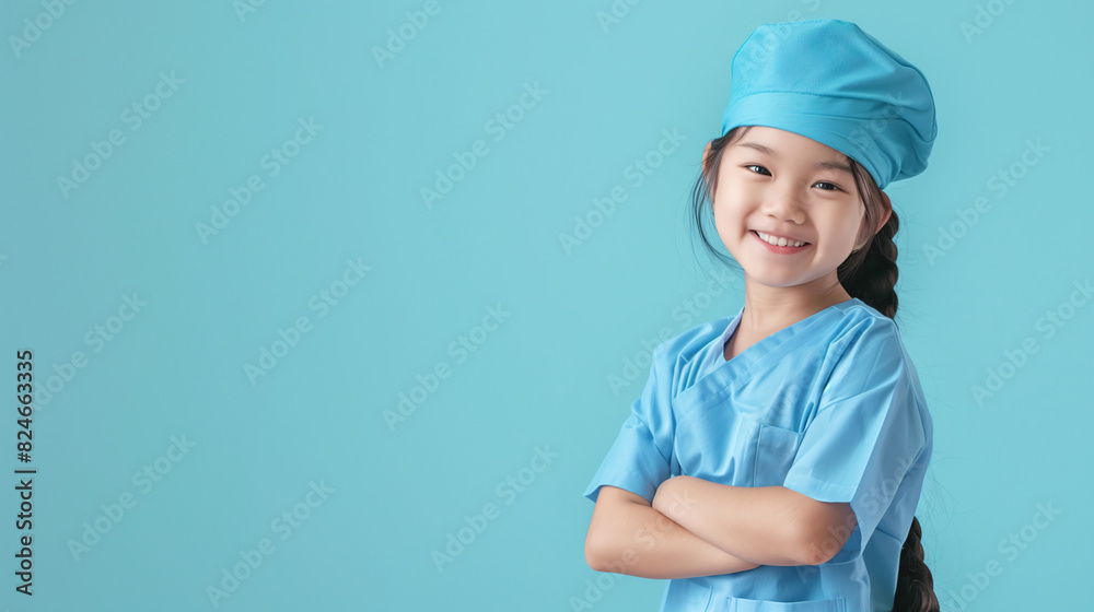 A cute happy smiling young Southeast Asian girl dresses blue scrubs like a nurse on a plain blue background with copy space for text. A cute happy smiling young Southeast Asian girl dresses blue scrubs like a nurse on a plain blue background with copy space for text.