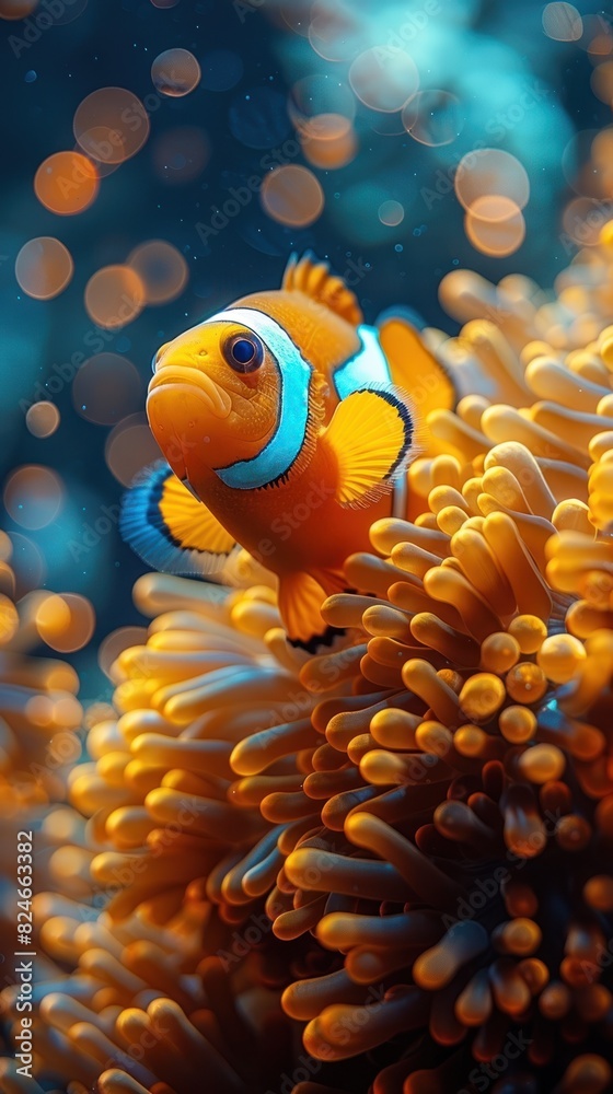 A detailed image of anemone fish swimming at the seabed during daytime, taken with a cinematic camera, using portrait with cinematic lighting A detailed image of anemone fish swimming at the seabed during daytime, taken with a cinematic camera, using portrait with cinematic lighting