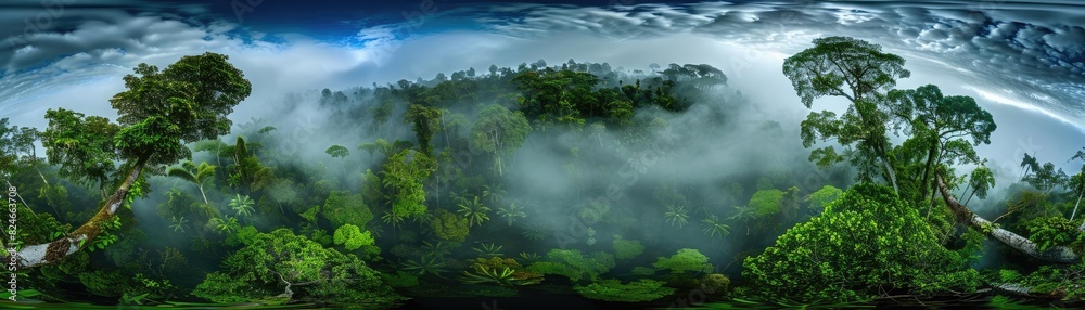 Panoramic view of a dense tropical rainforest shrouded in mist with lush vegetation and tall trees under a dramatic, cloudy sky.