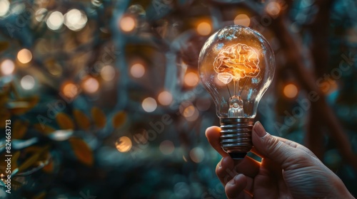 photograph of a hand holding a light bulb with a glowing brain inside the light bulb, Fujifilm GFX 100, 85mm f/1.4, ISO 250, 32k uhd photo