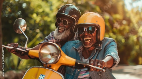 Joyful Senior Friends on Motorbike photo