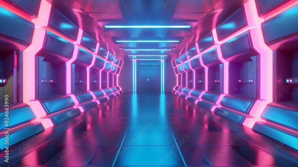 Futuristic Sci-Fi Interior with Blue and Pink and Purple Neon Lights, Spaceship Corridor Design, Product Background