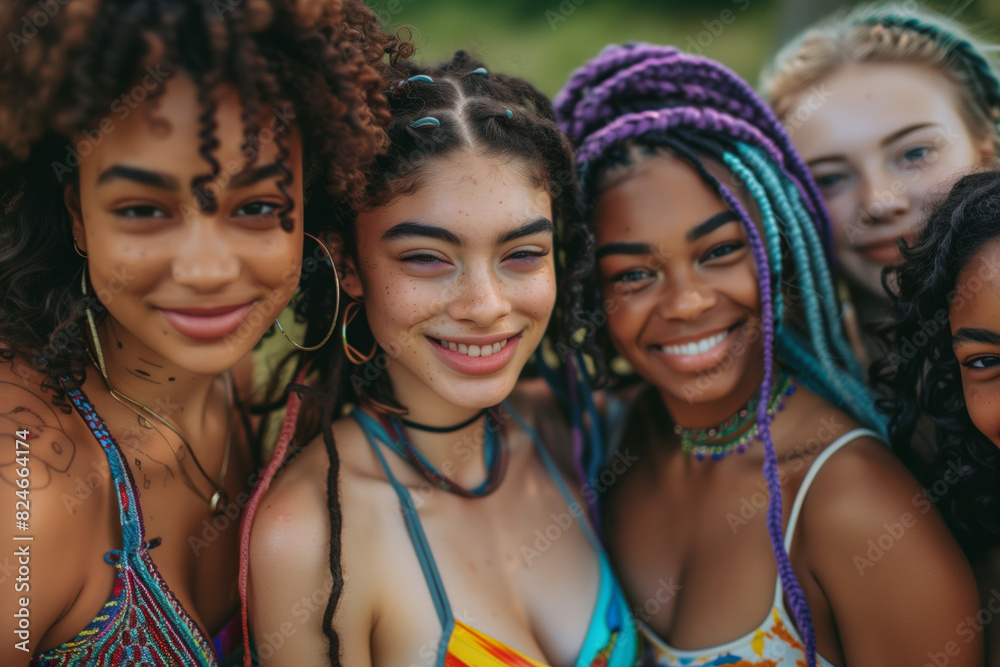 Smiling Women with Colorful Hair in Nature. Group of smiling women with colorful hair enjoying time together in a natural outdoor setting, radiating joy and friendship. Smiling Women with Colorful Hair in Nature. Group of smiling women with colorful hair enjoying time together in a natural outdoor setting, radiating joy and friendship.