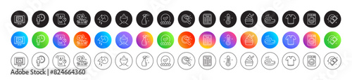 Thermometer, Vision test and T-shirt line icons. Round icon gradient buttons. Pack of Rating stars, Charging time, Pickup icon. Mental health, Ice cream, Grilled steak pictogram. Vector