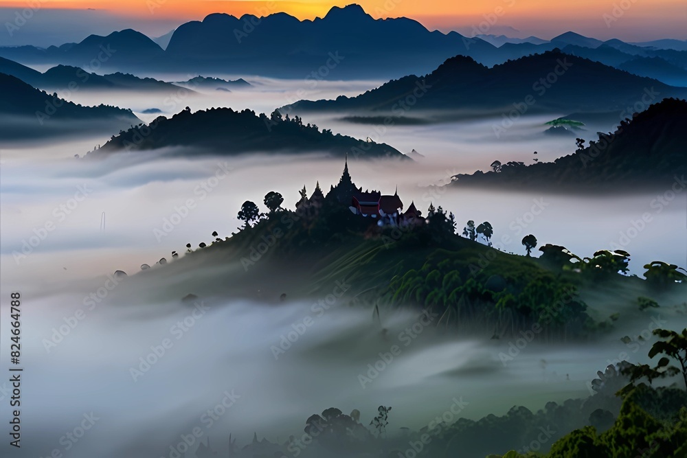 Fog in the Morning walk blur Landscapes, Mountain. Landscapes, Mountain Landscapes, Mountain temple Beautiful mountain view in thailand blur.
