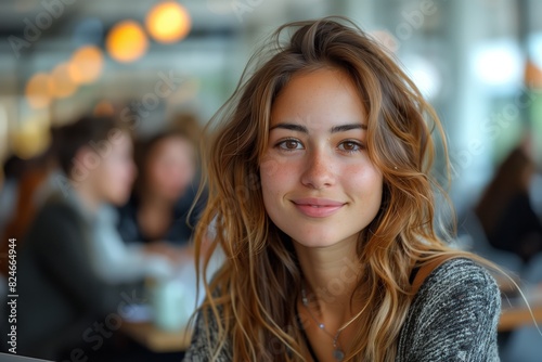 Wallpaper Mural Young Woman Smiling in Busy Cafe. Young woman with long hair and a bright smile sitting in a busy cafe, surrounded by other patrons and warm lighting. Torontodigital.ca