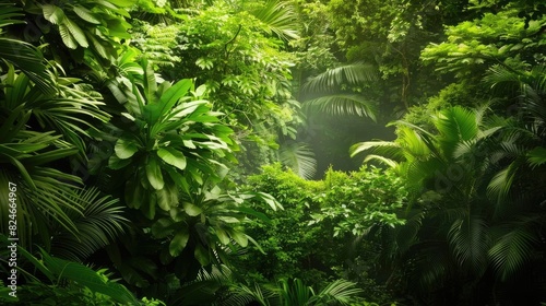 Lush green tropical rainforest filled with dense foliage and vibrant vegetation, creating a serene and natural landscape perfect for backgrounds.