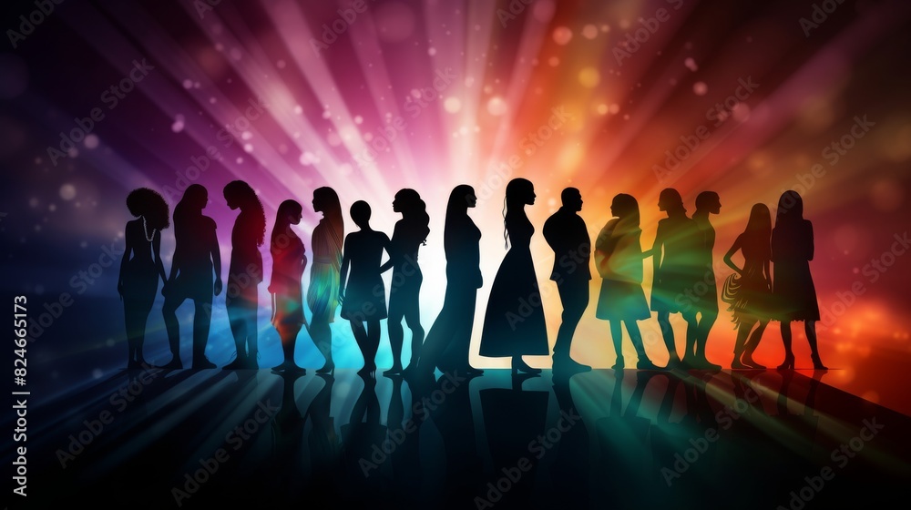 Group side silhouette men and women of different culture