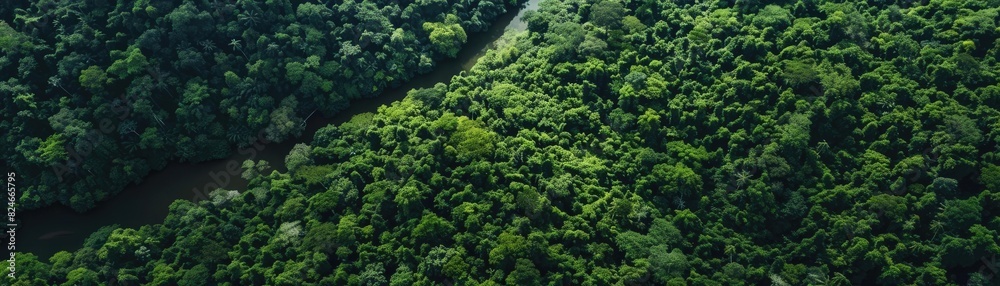 Aerial view of a dense, lush green forest with a winding river running through it, displaying the beauty of natural wilderness.