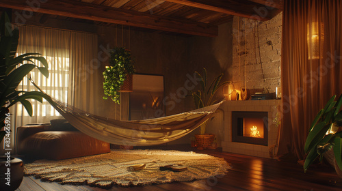 A room dedicated to relaxation and unwinding: a bedroom with a hammock strung across the room, a plush armchair positioned next to a crackling fireplace