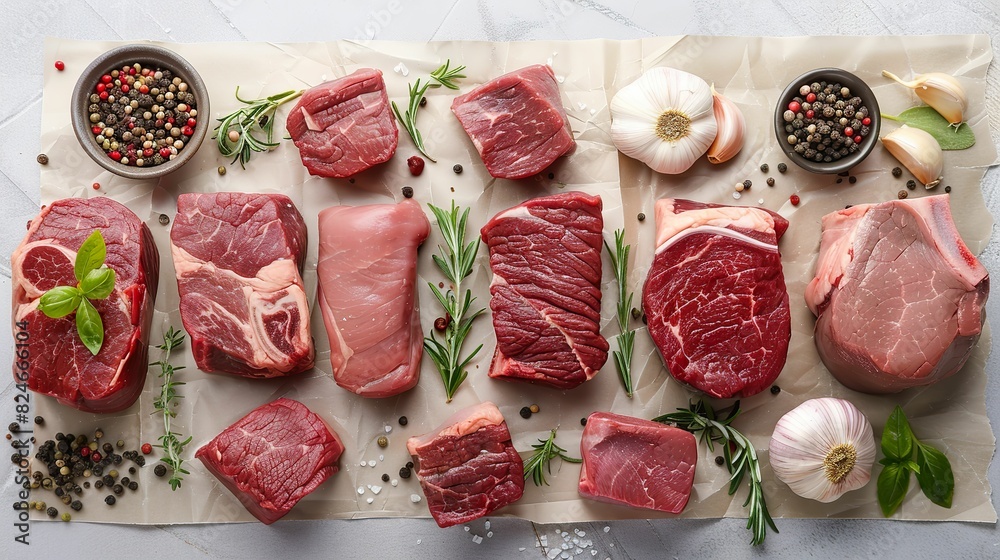 Assorted cuts of raw beef neatly arranged on a butchers paper, surrounded by garlic, herbs, and peppercorns Assorted cuts of raw beef neatly arranged on a butchers paper, surrounded by garlic, herbs, and peppercorns