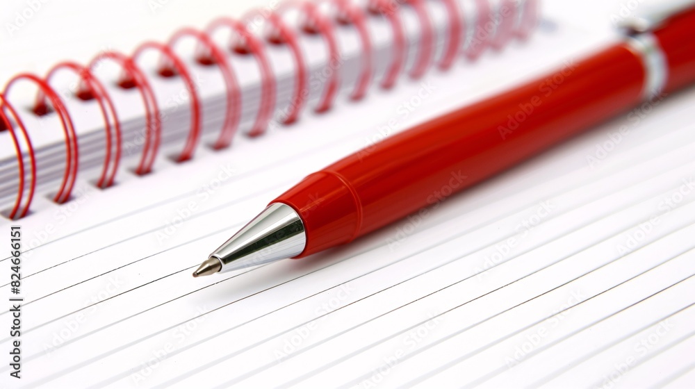 A crimson writing utensil and a coil-bound notepad. A crimson writing utensil and a coil-bound notepad.