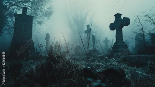 Creepy graveyard with fog, tombstones, and ghostly figures, dark and mysterious, visually striking and detailed photo