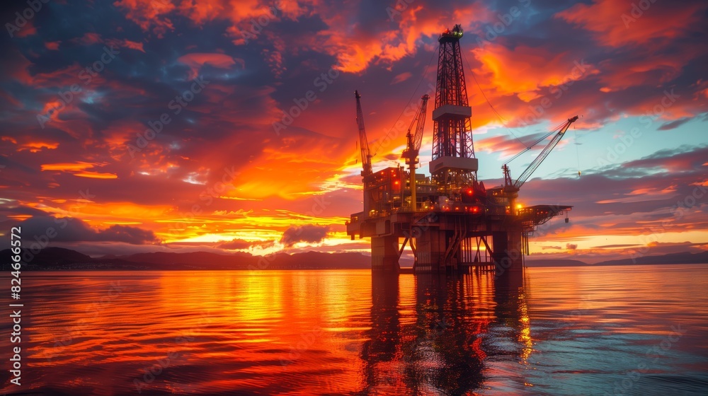 Offshore Oil Rig with Vibrant Sunset. Offshore oil rig against a vibrant sunset, with dramatic clouds and the ocean reflecting the fiery colors of the sky.