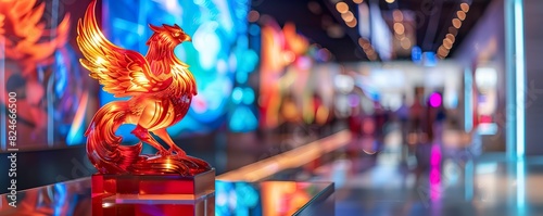 Best performance trophy shaped like a rising phoenix, placed on a polished pedestal beside digital screens photo