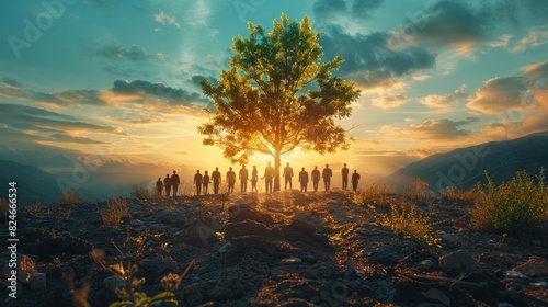 An inspiring movie poster showing a group of business leaders planting a tree together, symbolizing growth and unity