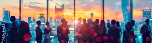 Blurred business crowd networking at a corporate cocktail party, with skyscrapers and a sunset view in the background
