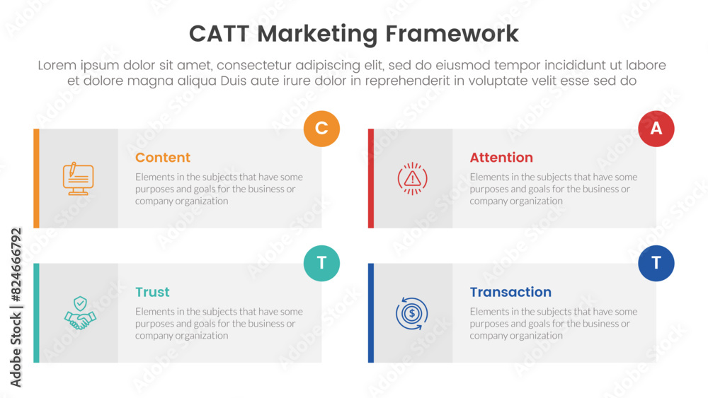 catt marketing framework infographic 4 point stage template with long rectangle box symmetric circle badge for slide presentation