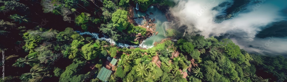 Aerial view of lush green tropical forest with a flowing river and mist rising, showcasing pristine nature and dense foliage. Aerial view of lush green tropical forest with a flowing river and mist rising, showcasing pristine nature and dense foliage.