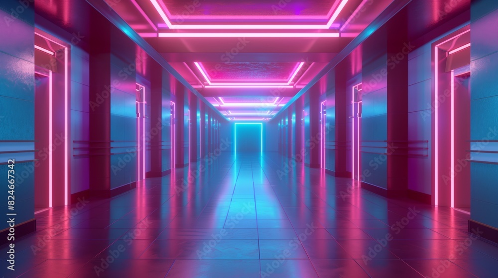 Futuristic Sci-Fi Interior with Blue and Pink and Purple Neon Lights, Spaceship Corridor Design, Product Background Futuristic Sci-Fi Interior with Blue and Pink and Purple Neon Lights, Spaceship Corridor Design, Product Background