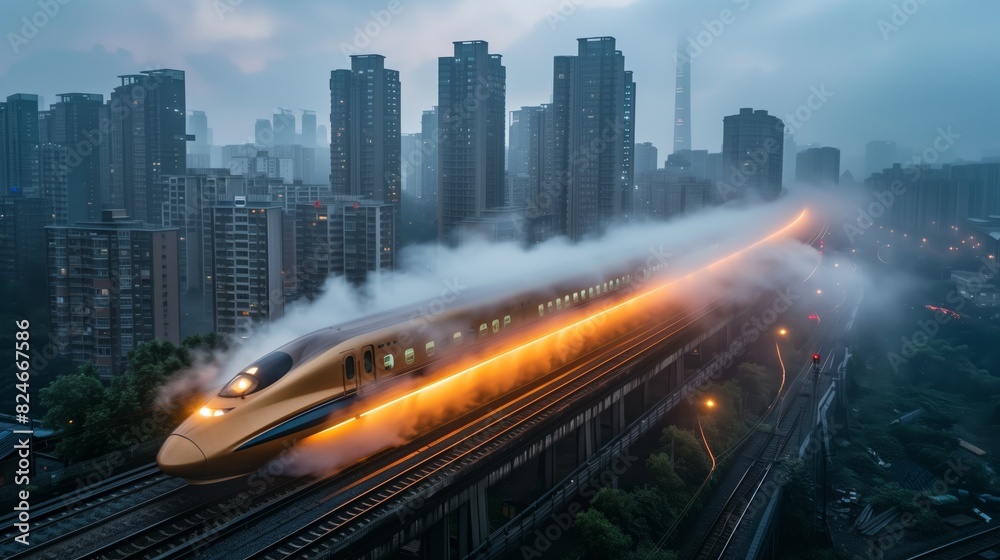 Naklejka premium High-speed train moving through foggy urban landscape. High-speed train moves through a foggy urban landscape, blending advanced technology with the misty city skyline for a dramatic effect.