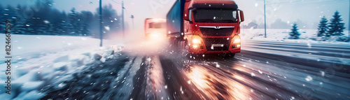 Car dangerously skidding out of control on an icy road, heading straight towards an oncoming truck photo
