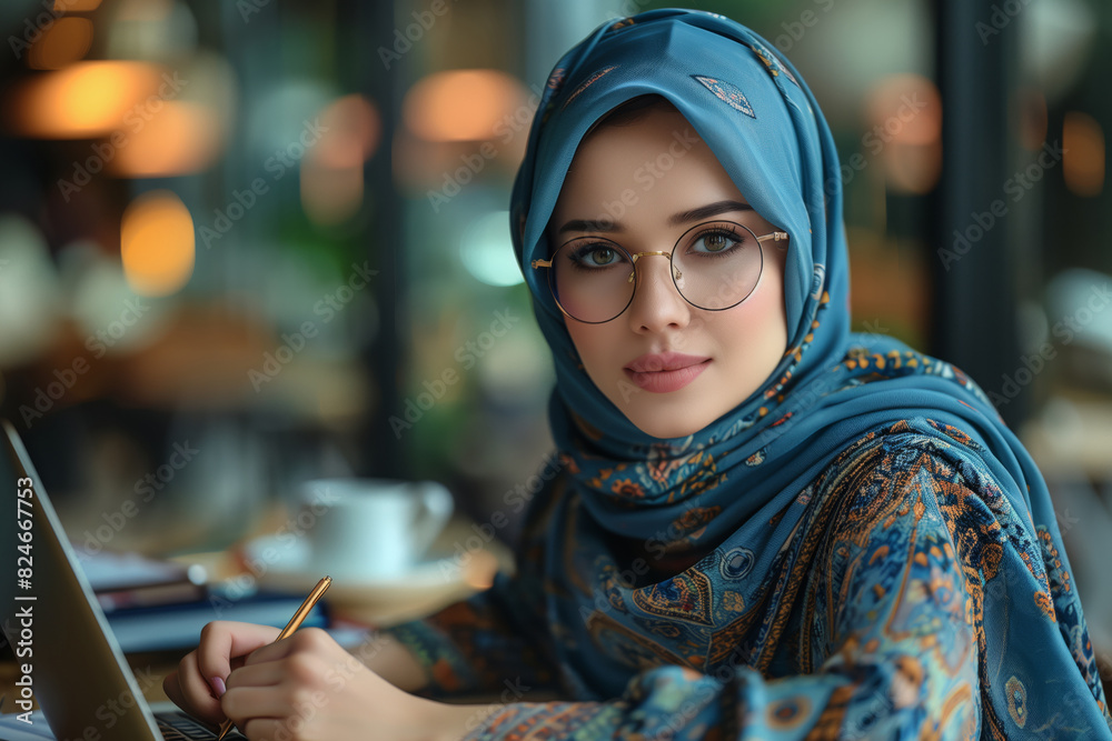 Focused Woman in Hijab Working on Laptop. Focused woman wearing a hijab and glasses, working on a laptop and writing in a notebook in a modern café. Focused Woman in Hijab Working on Laptop. Focused woman wearing a hijab and glasses, working on a laptop and writing in a notebook in a modern café.