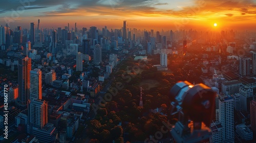 Aerial view of Bangkok skyline at sunset, with the city bathed in the warm glow of the evening sun, the skyscrapers standing tall against the colorful backdrop of the autumn sky. Generative AI.