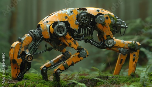 A mechanical dog with yellow and metallic features stands in a mossy forest, its gears and wires visible.