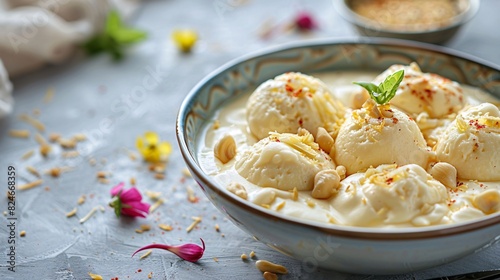 Top-down view of a table featuring delicious rasmalai, with ample text copy space on a clean background