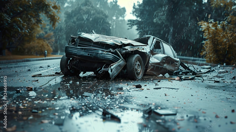 Fototapeta premium Crushed car after a rollover accident on a rain-slicked road, surrounded by shattered glass and bent metal