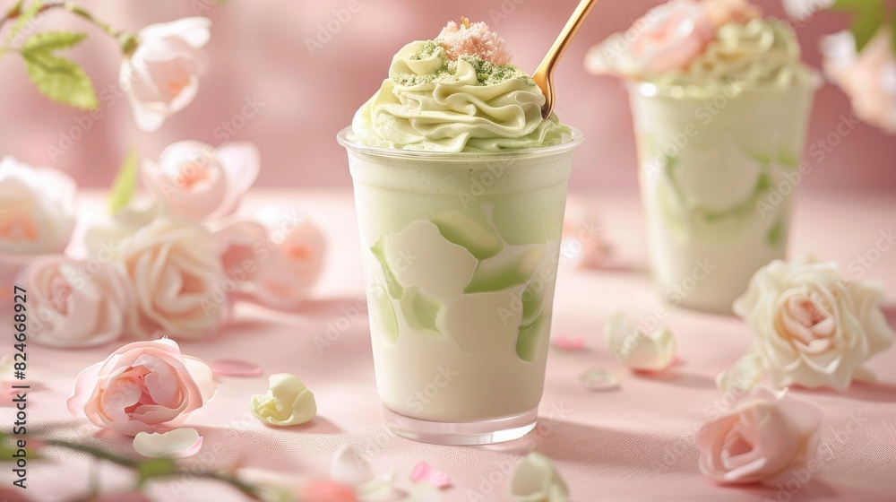 Two cups containing green liquid, one with white powder on the surface and a hand reaching towards them Two cups containing green liquid, one with white powder on the surface and a hand reaching towards them