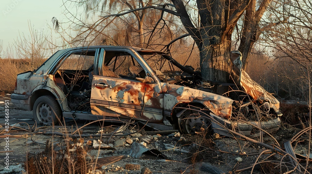 Fototapeta premium Crushed sedan after a violent collision with a tree, leaving the vehicle severely deformed