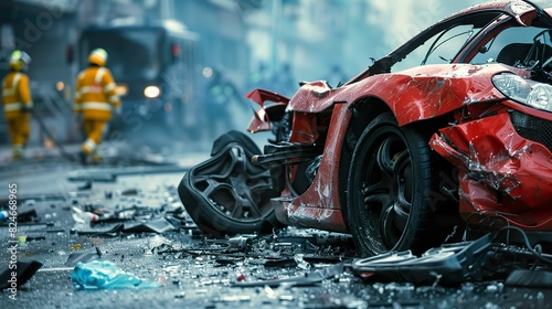 Crushed sports car after a head-on collision, with rescue teams working to extract passengers from the wreckage photo