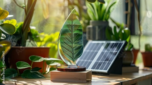 Environmental award trophy shaped like a leaf  resting on a wooden base beside potted plants and solar panels