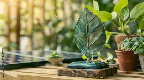 Environmental award trophy shaped like a leaf, resting on a wooden base beside potted plants and solar panels