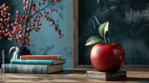 Excellence in teaching trophy shaped like an apple, placed on a wooden base beside books and a chalkboard photo