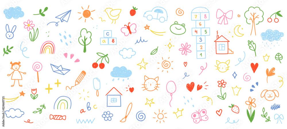 Obraz premium Children's drawings drawn in doodle style. Simple cute illustration isolated on white background.