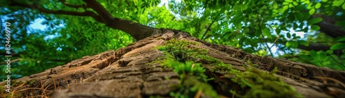 Close-up view of a tree trunk with moss, looking upwards towards green leaves and a bright sky.