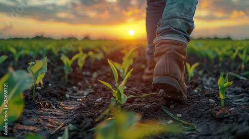 Farmer boots walking away from the camera in a field of sprouting corn at sunset. Generative AI. © visoot