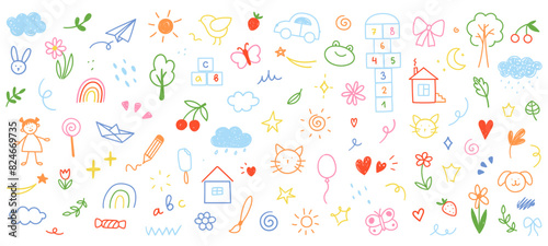 Children's drawings drawn in doodle style. Simple cute illustration isolated on white background.