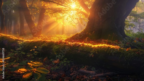 Sunlight filters through a dense forest, illuminating the lush, moss-covered ground and creating a magical, serene atmosphere. photo