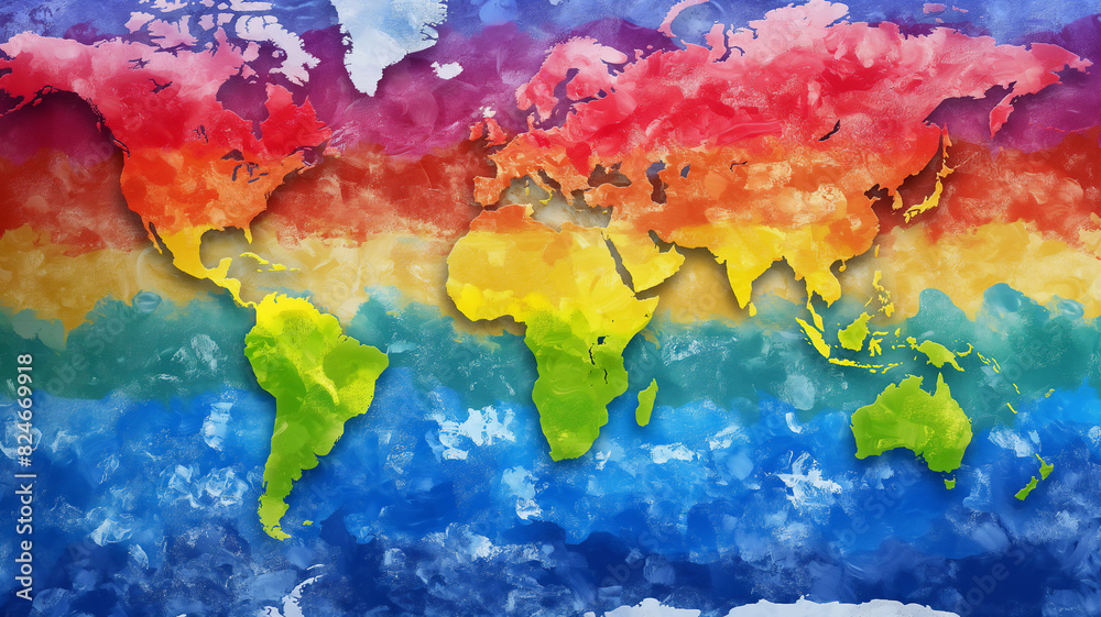 A world map painted in vibrant rainbow colors, symbolizing global unity and diversity, with each continent blending seamlessly into the next.