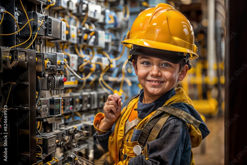 A child wearing a yellow hard hat and overalls stands in front of an electrical panel, holding a screwdriver. A child wearing a yellow hard hat and overalls stands in front of an electrical panel, holding a screwdriver.