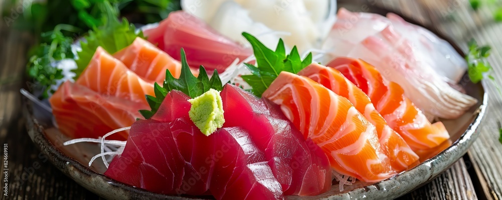 Fresh sashimi platter with tuna, salmon, and yellowtail, garnished with shiso leaves and daikon radish Fresh sashimi platter with tuna, salmon, and yellowtail, garnished with shiso leaves and daikon radish