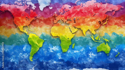 A world map painted in vibrant rainbow colors  symbolizing global unity and diversity  with each continent blending seamlessly into the next.