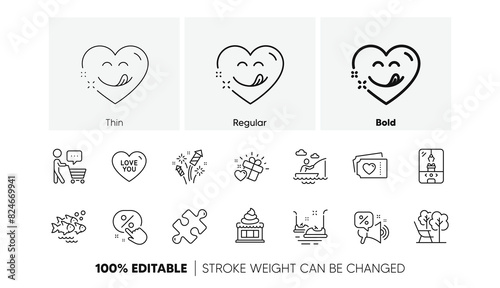 Discounts offer, Discount button and Ice cream line icons. Pack of Love you, Bumper cars, Deckchair icon. Fireworks rocket, Love tickets, Fish school pictogram. Crane claw machine. Line icons. Vector