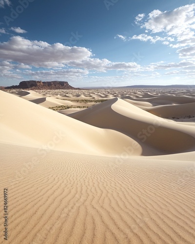 Pristine  untouched sand dunes stretch across a desert landscape  portraying the natural cleanliness of untouched terrain. Desert landscape view  desert oasis  vacation travel destinations  summer  su
